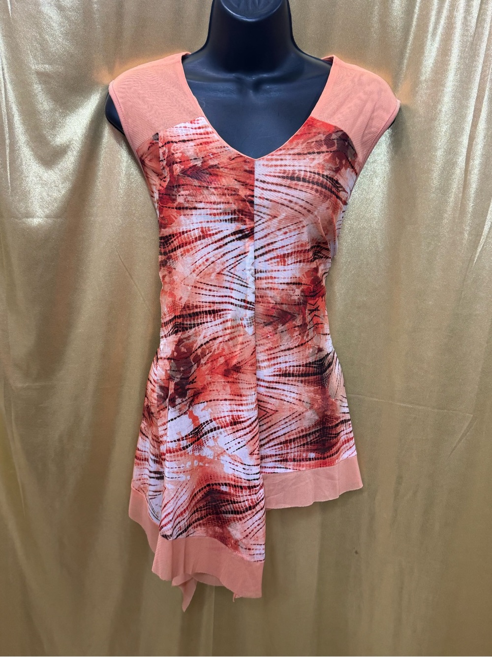 New Directions Asymmetric Hem Tunic Top Peach Orange Patterned Medium